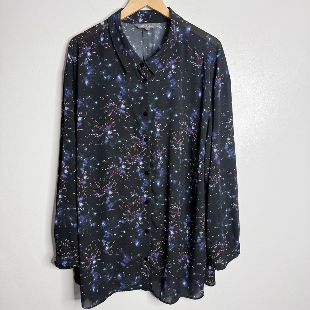 Ulla Popken Women's Fireworks Print Flowy Button Up Blouse Black 24/26 Preppy